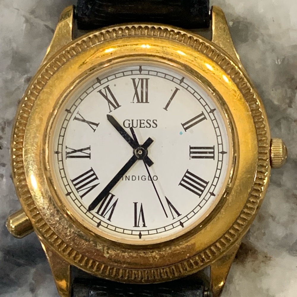 Guess Women’s Watch, 2-Piece Black Leather Strap, Gold Toned Bezel, White Face